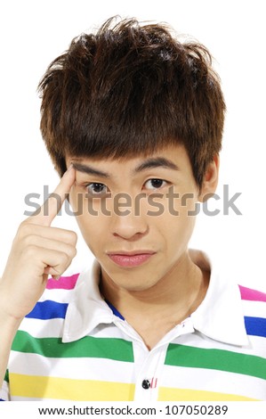 young man scratching his head, hard decision, studio shoot isolated on white background
