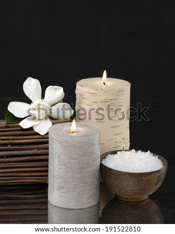 Spa feeling with white Gardenia and white candle, salt in bowl