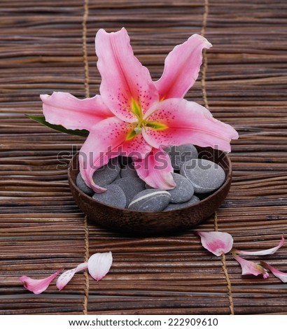 Lily with gray stones in wooden bowl on mat