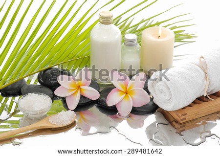 Spa set with salt in spoon, towel, candle ,oil, orchid ,stones â??green palm background