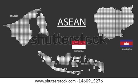 3 Map in Asean. Brunei, Cambodia, Indonesia map design square with flag Brunei, Cambodia, Indonesia.
