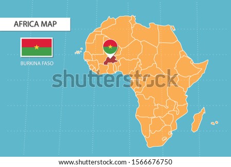 Burkina Faso map in Africa, icons showing Burkina Faso location and flags.