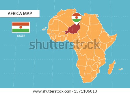 Niger map in Africa, icons showing Niger location and flags.