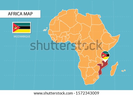 Mozambique map in Africa, icons showing Mozambique location and flags.