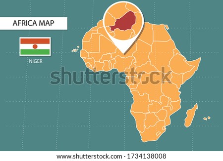 Niger map in  Africa zoom version, icons showing Niger location and flags.