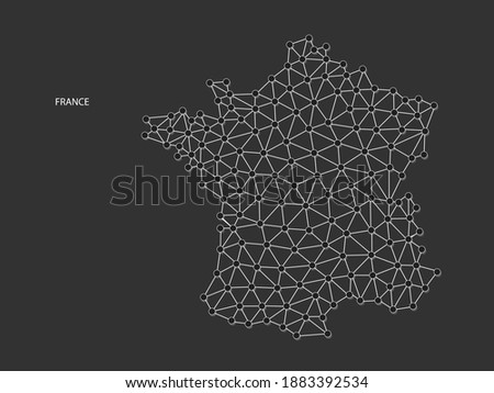 France Map Point scales on black background. Wire frame polygonal network white line, dot and shadow dot.