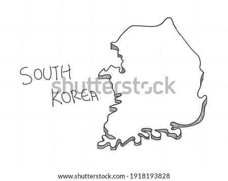 Hand Drawn of South Korea 3D Map on White Background.  