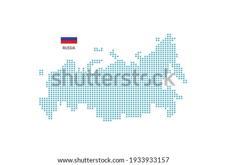Russia map design blue circle, white background with Russia flag.