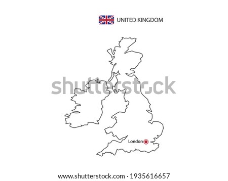 Hand draw thin black line vector of United Kingdom Map with capital city London on white background.