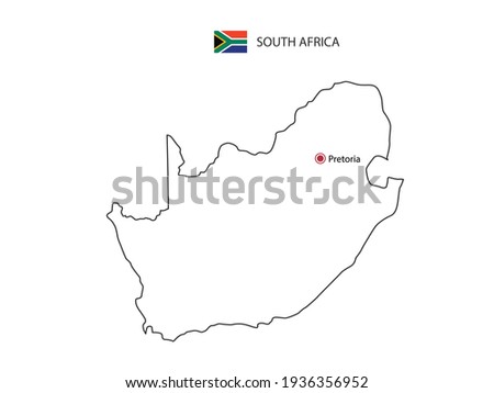 Hand draw thin black line vector of South Africa Map with capital city Pretoria on white background.