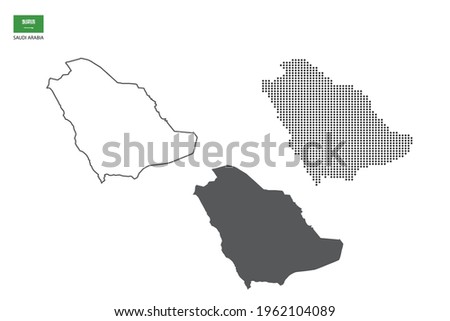 3 versions of Saudi Arabia map city vector by thin black outline simplicity style, Black dot style and Dark shadow style. All in the white background.