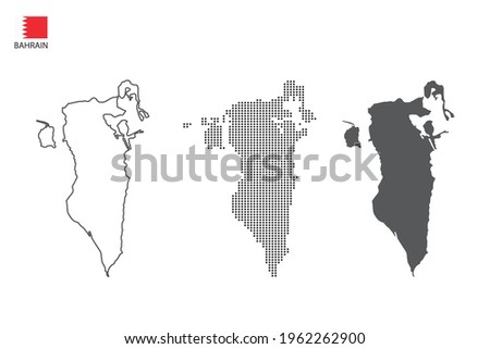 3 versions of Bahrain map city vector by thin black outline simplicity style, Black dot style and Dark shadow style. All in the white background.