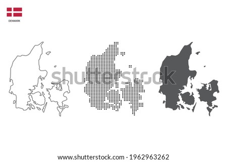 3 versions of Denmark map city vector by thin black outline simplicity style, Black dot style and Dark shadow style. All in the white background. 