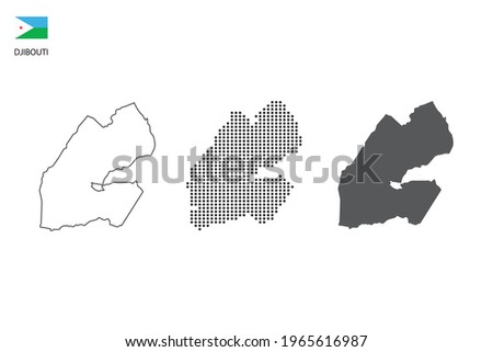 3 versions of Djibouti map city vector by thin black outline simplicity style, Black dot style and Dark shadow style. All in the white background. 