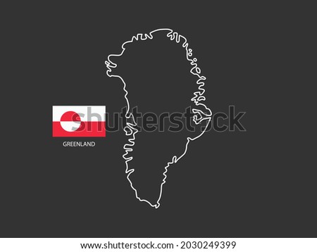 Greenland map vector thin white line style on the black background and Greenland flag in this vector.