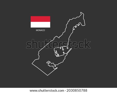 Monaco map vector thin white line style on the black background and Monaco flag in this vector.
