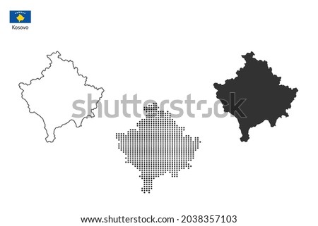 3 versions of Kosovo map city vector by thin black outline simplicity style, Black dot style and Dark shadow style. All in the white background.