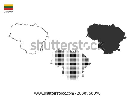3 versions of Lithuania map city vector by thin black outline simplicity style, Black dot style and Dark shadow style. All in the white background.