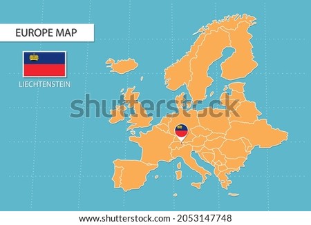 Liechtenstein map in Europe, icons showing Liechtenstein location and flags.