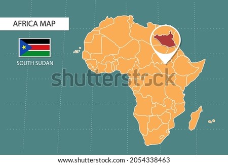 South Sudan map in Africa zoom version, icons showing South Sudan location and flags.
