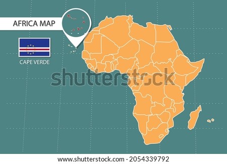 Cape Verde map in Africa zoom version, icons showing Cape Verde location and flags.