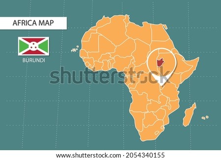 Burundi map in Africa zoom version, icons showing Burundi location and flags.