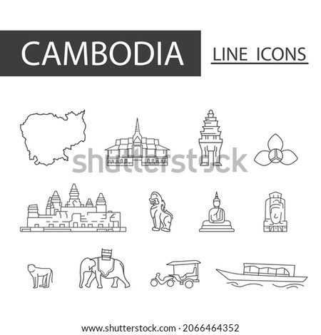 Icons set of Cambodia black thin line. Set of map, architecture, tradition and more.