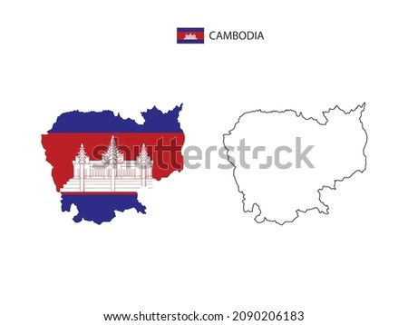 Cambodia map city vector divided by outline simplicity style. Have 2 versions, black thin line version and color of country flag version. Both map were on the white background.