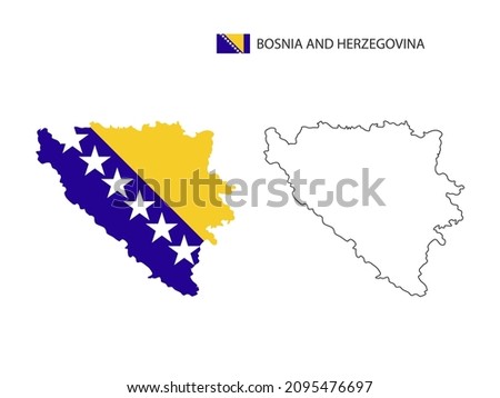 Bosnia and Herzegovina map city vector divided by outline simplicity style. Have 2 versions, black thin line version and color of country flag version. Both map were on the white background.