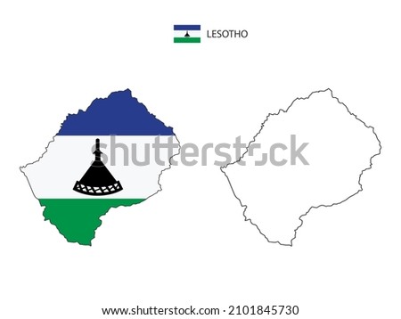 Lesotho map city vector divided by outline simplicity style. Have 2 versions, black thin line version and color of country flag version. Both map were on the white background.