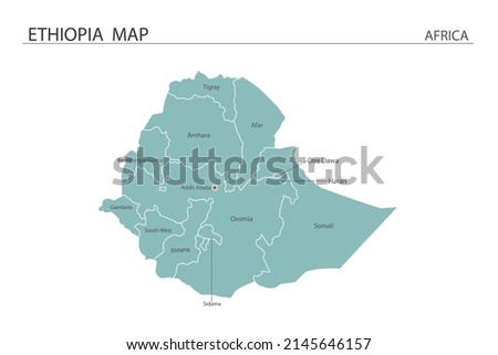 Ethiopia map vector illustration on white background. Map have all province and mark the capital city of Ethiopia. 
