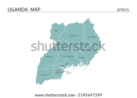 Uganda map vector illustration on white background. Map have all province and mark the capital city of Uganda. 