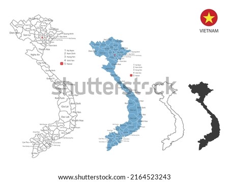 4 style of Vietnam map vector illustration have all province and mark the capital city of Vietnam. By thin black outline simplicity style and dark shadow style. Isolated on white background.