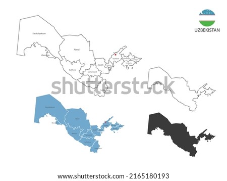 4 style of Uzbekistan map vector illustration have all province and mark the capital city of Uzbekistan. By thin black outline simplicity style and dark shadow style. Isolated on white background.