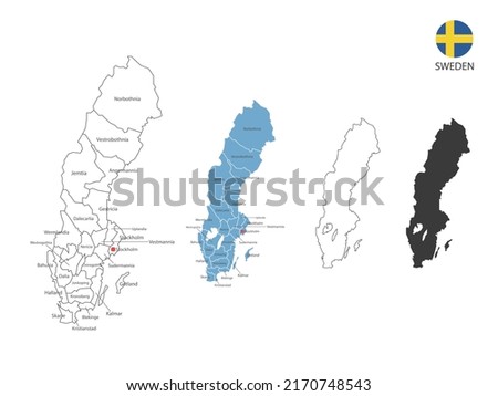 4 style of Sweden map vector illustration have all province and mark the capital city of Sweden. By thin black outline simplicity style and dark shadow style. Isolated on white background.