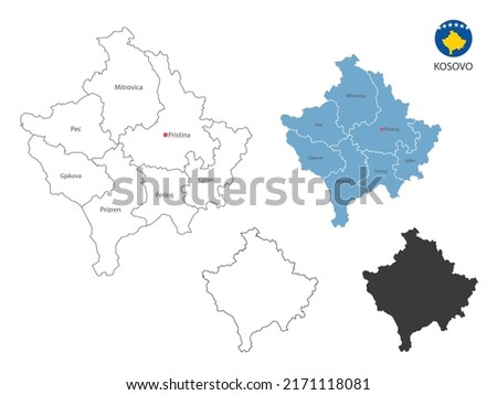 4 style of Kosovo map vector illustration have all province and mark the capital city of Kosovo. By thin black outline simplicity style and dark shadow style. Isolated on white background.