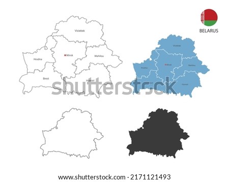 4 style of Belarus map vector illustration have all province and mark the capital city of Belarus. By thin black outline simplicity style and dark shadow style. Isolated on white background.