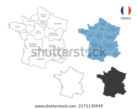 4 style of France map vector illustration have all province and mark the capital city of France. By thin black outline simplicity style and dark shadow style. Isolated on white background.