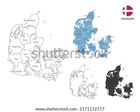 4 style of Denmark map vector illustration have all province and mark the capital city of Denmark. By thin black outline simplicity style and dark shadow style. Isolated on white background.