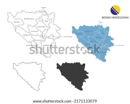 4 style of Bosnia and Herzegovina map vector illustration have all province and mark the capital city of Bosnia and Herzegovina. By thin black outline simplicity style and dark shadow style. 