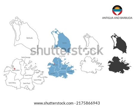 4 style of Antigua and Barbuda map vector illustration have all province and mark the capital city of Antigua and Barbuda. By thin black outline simplicity style and dark shadow style. 