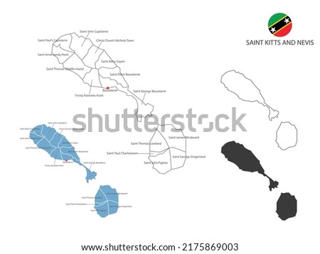 4 style of Saint Kitts and Nevis map vector illustration have all province and mark the capital city of Saint Kitts and Nevis. By thin black outline simplicity style and dark shadow style. 