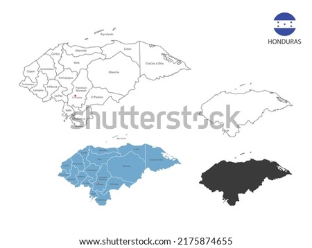 4 style of Honduras map vector illustration have all province and mark the capital city of Honduras. By thin black outline simplicity style and dark shadow style. Isolated on white background.