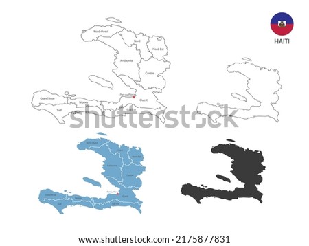 4 style of Haiti map vector illustration have all province and mark the capital city of Haiti. By thin black outline simplicity style and dark shadow style. Isolated on white background.
