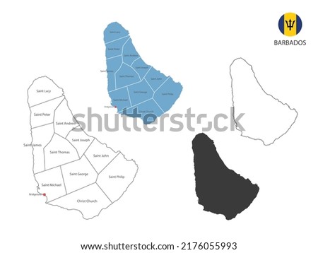 4 style of Barbados map vector illustration have all province and mark the capital city of Barbados. By thin black outline simplicity style and dark shadow style. Isolated on white background.
