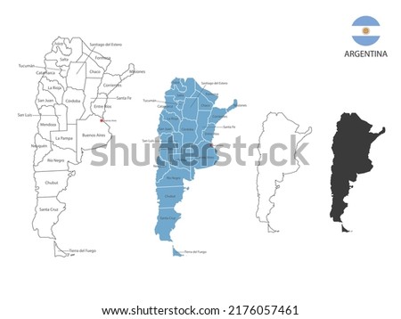 4 style of Argentina map vector illustration have all province and mark the capital city of Argentina. By thin black outline simplicity style and dark shadow style. Isolated on white background.
