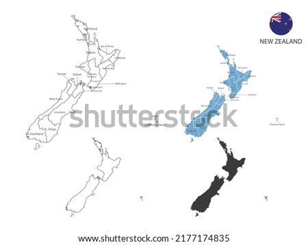 4 style of New Zealand map vector illustration have all province and mark the capital city of New Zealand. By thin black outline simplicity style and dark shadow style. Isolated on white background.
