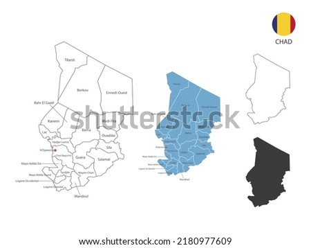 4 style of Chad map vector illustration have all province and mark the capital city of Chad. By thin black outline simplicity style and dark shadow style. Isolated on white background.