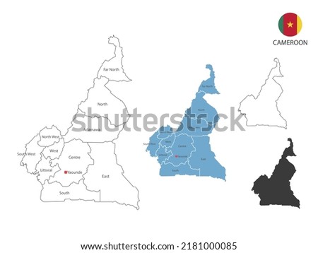 4 style of Cameroon map vector illustration have all province and mark the capital city of Cameroon. By thin black outline simplicity style and dark shadow style. Isolated on white background.