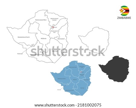 4 style of Zimbabwe map vector illustration have all province and mark the capital city of Zimbabwe. By thin black outline simplicity style and dark shadow style. Isolated on white background.